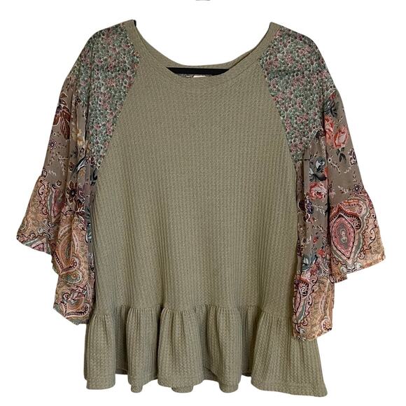Umgee Tops - Umgee Waffle Knit Blouse Top Peplum Ruffle Floral Bell Sleeves Sz M Shabby Chic